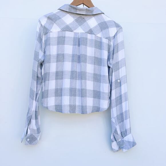 Rails Rain Gray White Cropped Short Flannel Button Up Shirt Medium Rayon - Picture 3 of 11